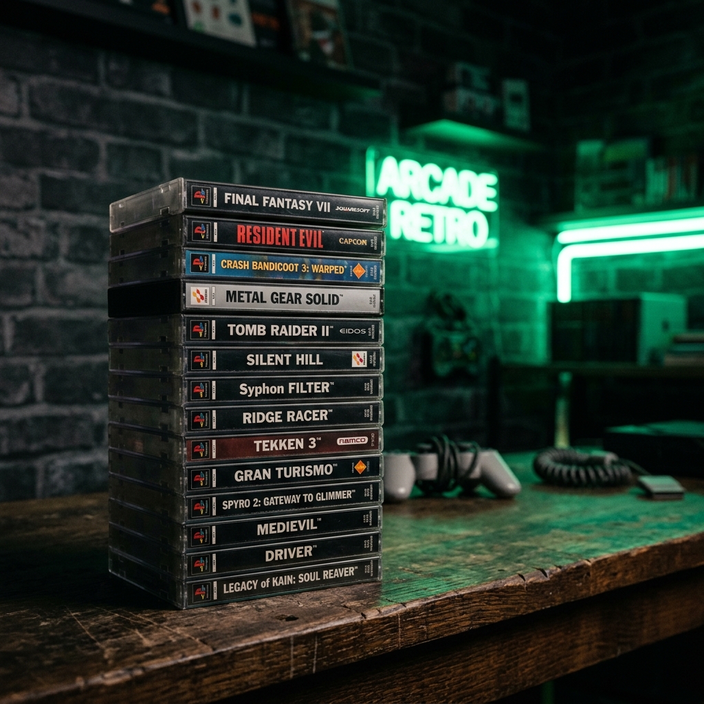 A stack of classic PlayStation 1 game jewel cases on a dark wooden workbench.