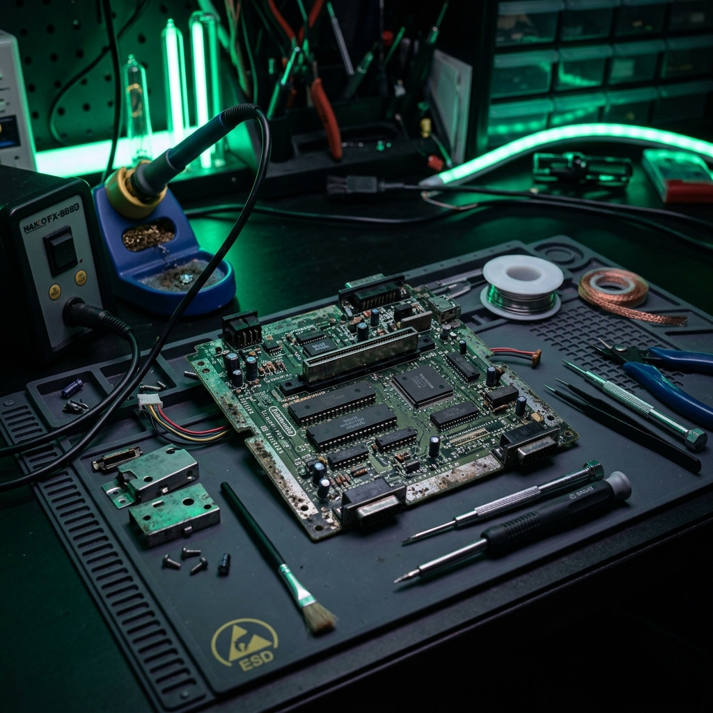 Close up of a disassembled retro video game console motherboard on an anti-static mat.